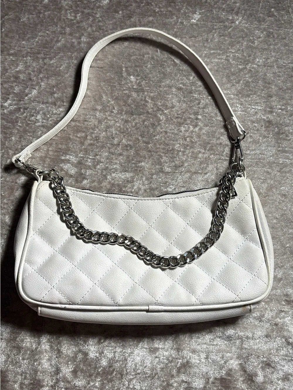 White Quilted Shoulder Bag with Silver Chain